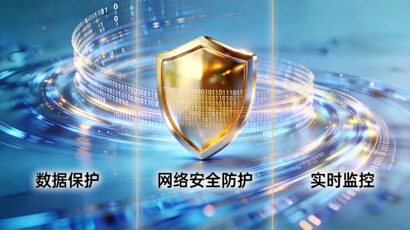 网络安全防护示意图 - 金色盾牌保护着流动的二进制数据